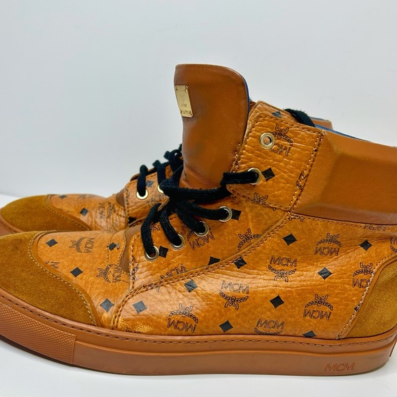 AUTHENTIC MCM Visetos Cognac Brown High-Top Sneakers - Suede Toe - Men's SZ 11 - Picture 5 of 9